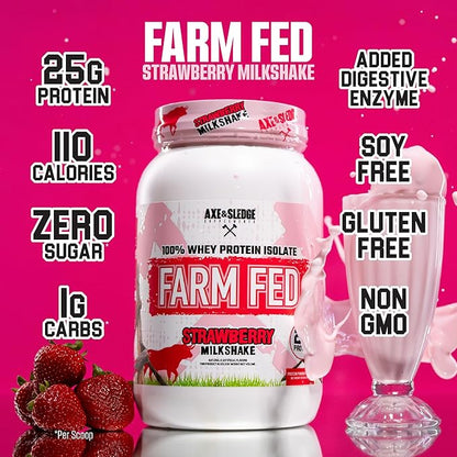 Axe & Sledge Farm Fed 100% Whey Protein Isolate | 25g Protein | Low Carb, Low Sugar, Gluten Free | Protein Powder for Men and Women | Keto | Made in the USA | 28 Servings, Strawberry Milkshake