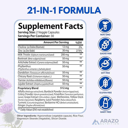 Arazo Nutrition Liver Cleanse Detox & Repair Formula – Milk Thistle Herbal Support Supplement: Silymarin, Beet, Artichoke, Dandelion, Chicory Root (Pack of 2)