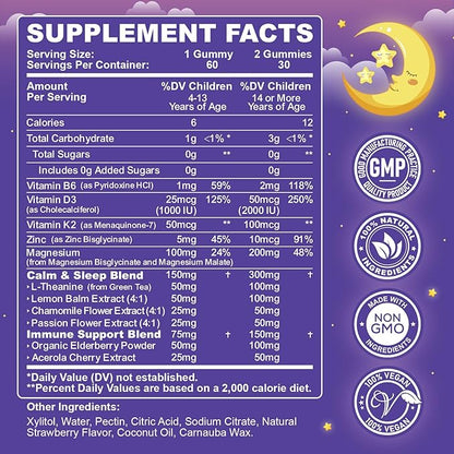 2PCS Magnesium Calming Gummies for Kids 4+ & Adults, Sugar Free Magnesium Supplement with L-Theanine, Chamomile, Vitamins B6, D3, K2, Zinc for Sleep, Relaxation, Focus & Muscle Support