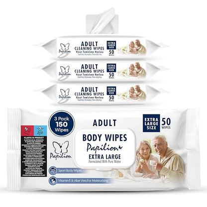 PAPILION Adult Body Cleaning Wipes, Extra Large Washcloths with Aloe Vera & Vitamin E, No-Rinse Cleansing for Senior Care, Bed Bath, Travel, Incontinence Care, Flip-Top Pack, 50 PCS x 3 Pack