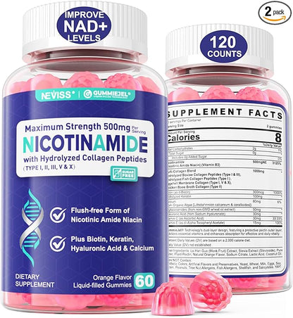2 Pack - Nicotinamide 500mg Gummies, NAD+ Supplement for Women & Men w/ Collagen Peptides, (Flush Free Niacin) Vitamin B3 Niacinamide for Anti-Aging, NAD+ Levels, Longevity, Focus & Brain, Sugar Free