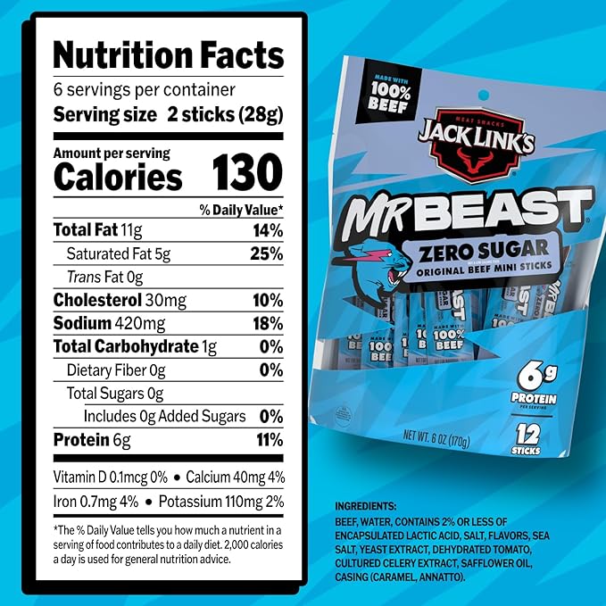 Jack Link’s x MrBeast Beef Sticks, Zero Sugar Mini Sticks, As Seen on Beast Games, 6g Protein, Made with 100% Real Beef, Pantry-Ready Snacks, (Pack of 24)
