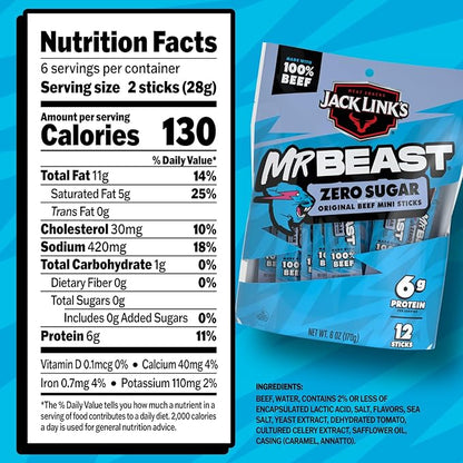 Jack Link’s x MrBeast Beef Sticks, Zero Sugar Mini Beef Sticks, As Seen on Beast Games, 6g Protein, Made with 100% Real Beef, Pantry-Ready Snacks, 12 Count