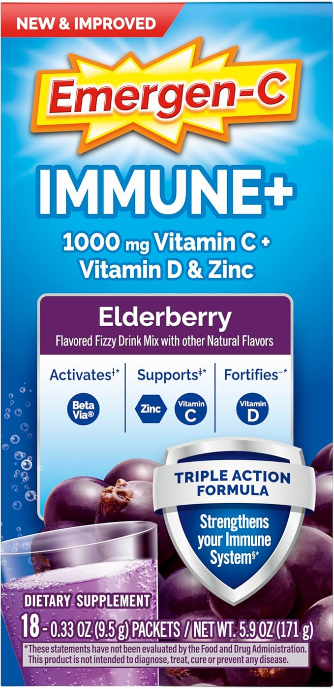 Emergen-C Immune+ Triple Action Immune Support Powder, BetaVia (R), 1000mg Vitamin C, B Vitamins, Vitamin D and Antioxidants, Elderberry – 18 Count