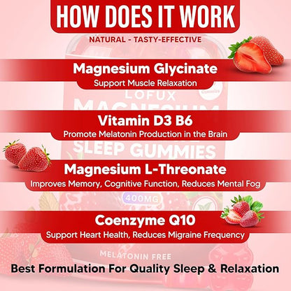 Lofux Magnesium Glycinate Gummies 400mg, Sugar Free Magnesium Gummies for Adults Women, Men, Chewable Supplement Gummy with L-Threonate, Vitamin D, B6, CoQ10 - for Calm, Sleep, Body Relaxation, 60 Ct