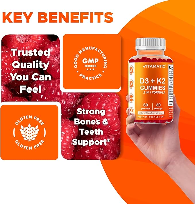 Vitamatic Vitamin D3 & K2 Gummies (2-Pack, 60 Count) Supports Healthy Bones, Heart Health, Calcium Absorption, and Immune Function Plant-Based, Non-GMO, Gluten-Free