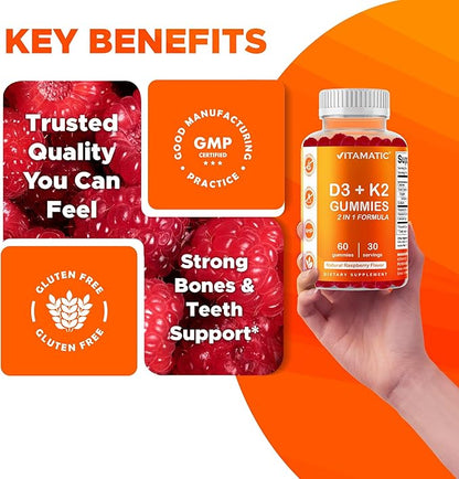 Vitamatic Vitamin D3 & K2 Gummies (2-Pack, 60 Count) Supports Healthy Bones, Heart Health, Calcium Absorption, and Immune Function Plant-Based, Non-GMO, Gluten-Free