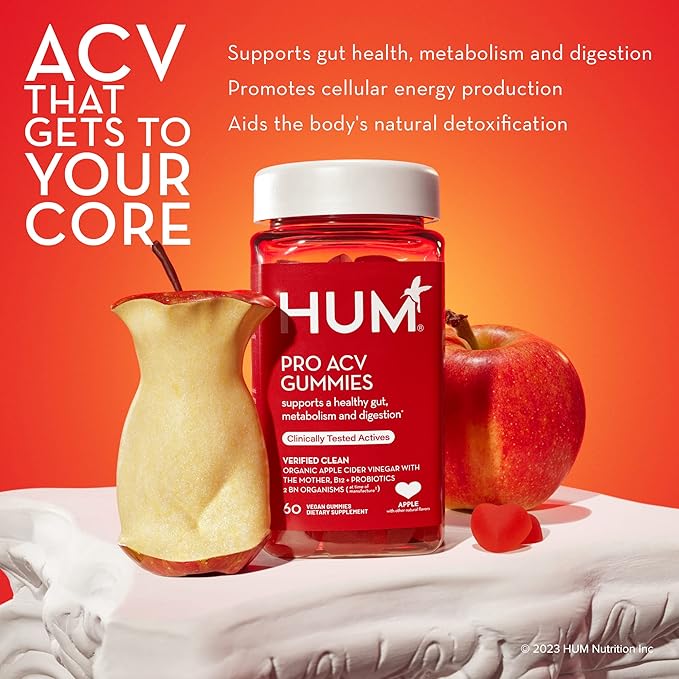 HUM Pro Apple Cider Vinegar Gummies with Probiotics for Digestive Health & Gut Health,100% Organic Apple Cider Vinegar with Mother Gummy Vitamins, Vitamin B12 for Energy Support, 60 ACV Gummies