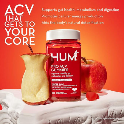 HUM Pro Apple Cider Vinegar Gummies with Probiotics for Digestive Health & Gut Health,100% Organic Apple Cider Vinegar with Mother Gummy Vitamins, Vitamin B12 for Energy Support, 60 ACV Gummies