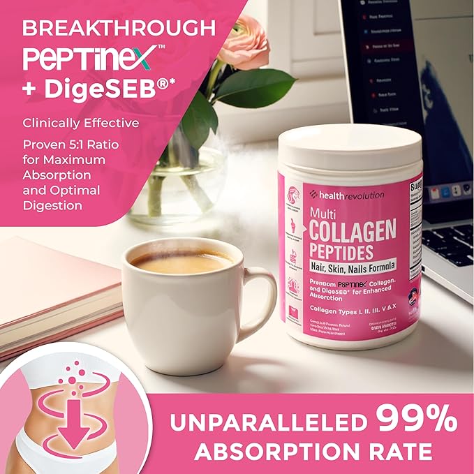 Multi Collagen Peptides Powder – Types I, II, III, V, X, Hydrolyzed Collagen for Women, 99% Absorption, Skin Hair Nails Joints, Triple Refined - No Clumping, Non-GMO, Gluten Free, Grass Fed Unflavored