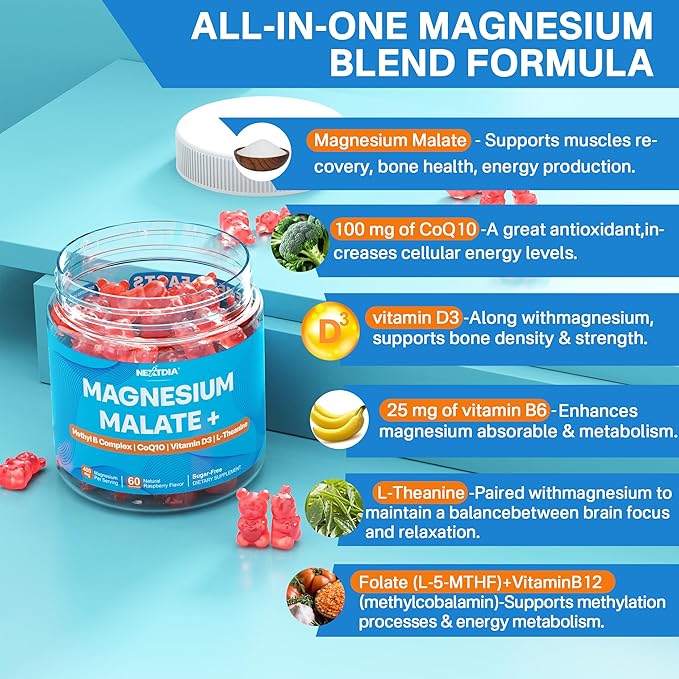 Nextdia Magnesium Malate Energy Gummies Plus L-Theanine, CoQ10, Methyl B12, Methylfolate, B6 & D3-400mg Magnesium Gummy Sugar Free for Women Men, Supports Muscle Function, Calm & Relax, Vegan, 60 Cts
