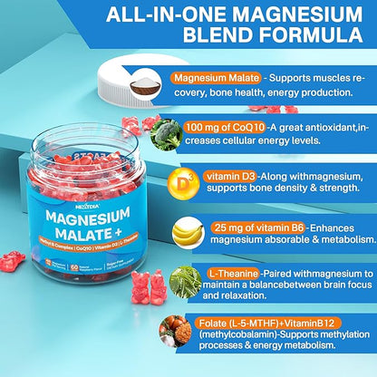 Nextdia Magnesium Malate Energy Gummies Plus L-Theanine, CoQ10, Methyl B12, Methylfolate, B6 & D3-400mg Magnesium Gummy Sugar Free for Women Men, Supports Muscle Function, Calm & Relax, Vegan, 60 Cts