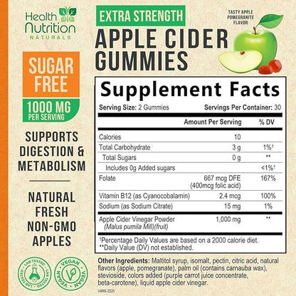 Apple Cider Vinegar Gummies - Sugar Free - Apple Cider Vinegar Powder 1000mg Per Serving - Max Strength ACV Gummy Vitamins - B12 & The Mother - Metabolism & Energy Support - Keto & Vegan - 60 Gummies
