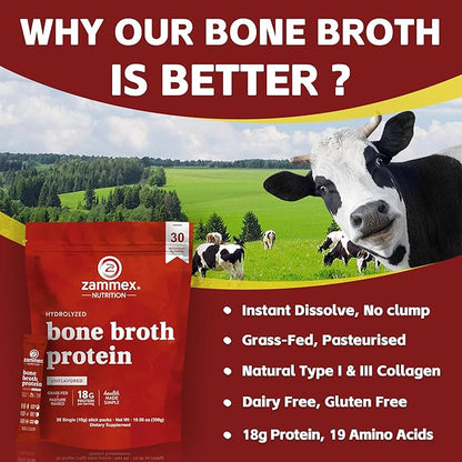 Zammex Bone Broth Packets-18g Collagen Protein-Beef Bone Broth Powder to Go-30 Travel Stick Packets-Supports Skin Nails Joints, Gut Health | Gluten-Free |Keto & Paleo Friendly (15 Servings)
