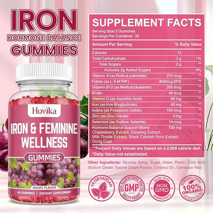 Iron for Women Gummies, 40mg Iron Supplement Anemia with multivitamin for Women, Zinc, Selenium, Iodine - for Iron Deficiency - Natural Hormonal Support for PMS, Grape Flavour, 2 Pack