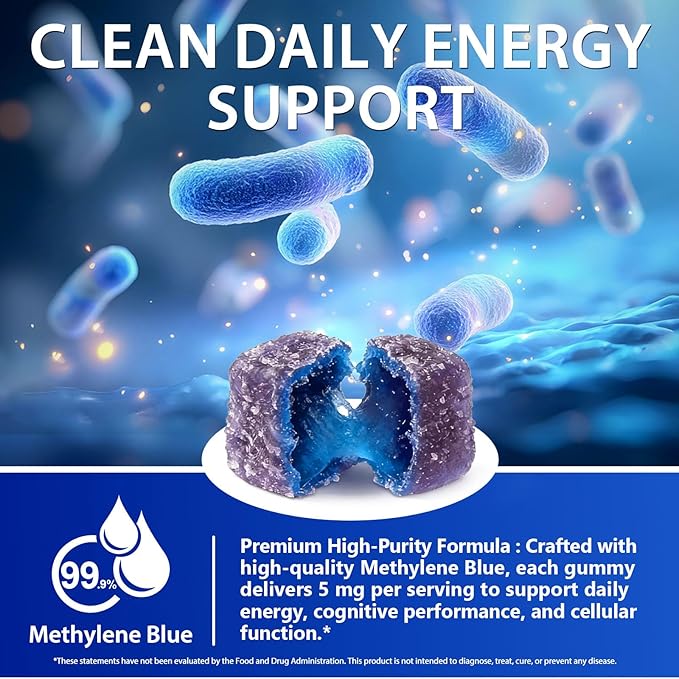Methylene Blue Gummies 60 Count, 5mg Per Gummy, 99.9% Pure Methylene Blue Supplement, Supports Cognitive Function, Mental Focus & Cellular Energy, Antioxidant Support, Vegan Non-GMO Daily Supplement