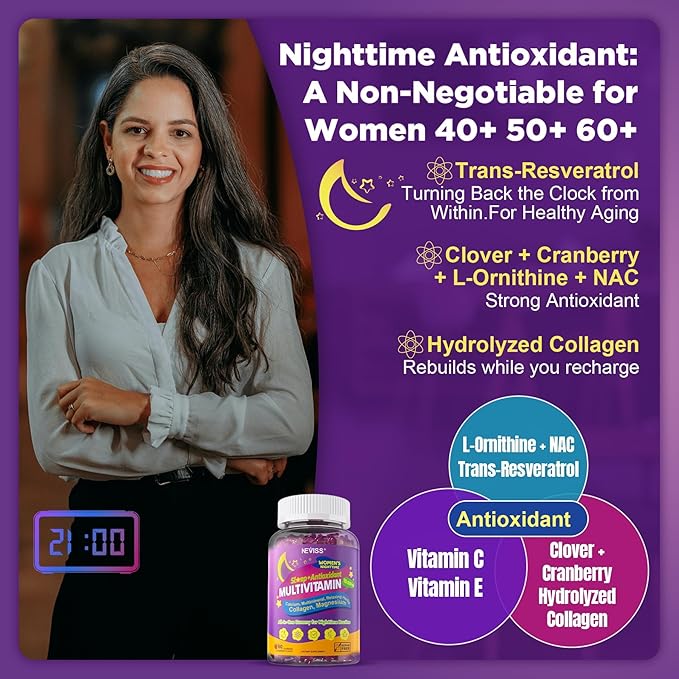 NEVISS Multivitamin for Women Gummies with Magnesium Glycinate 400mg, Calcium D3K2, Hydrolyzed Collagen Gummy for Night Renewal/Sleep, Antioxidant, Relax, Bone, Womens 18 30 40 50 60 70+ Daily Vitamin