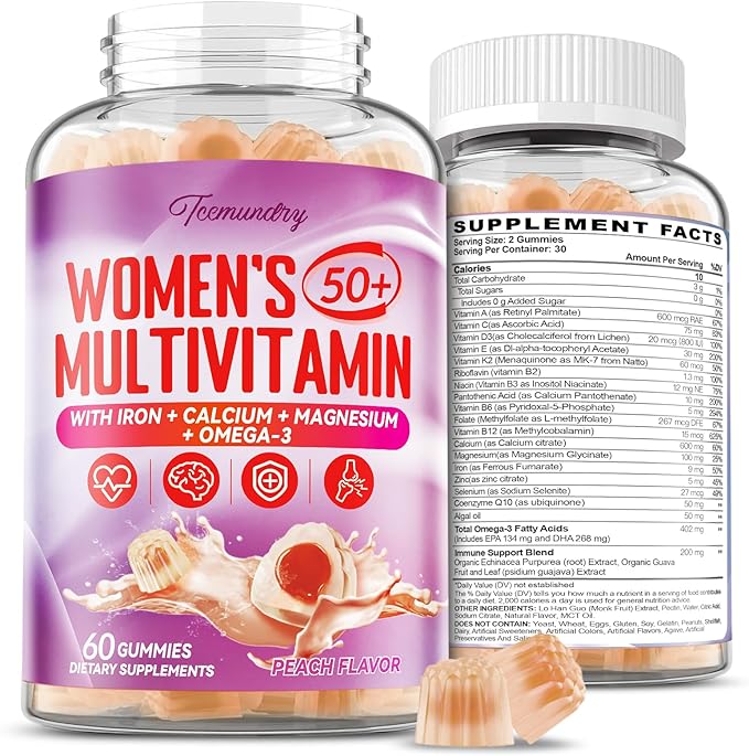 Multivitamin Gummies for Women 50 Plus - with Omega 3, Coenzyme Q10, Iron, Calcium, Zinc, Vitamin A, C, D3, E, K2, B Complex, Folate - Multi Vitamins & Minerals for Energy, Beauty, Immune, Sugar Free