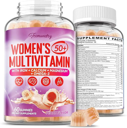 Multivitamin Gummies for Women 50 Plus - with Omega 3, Coenzyme Q10, Iron, Calcium, Zinc, Vitamin A, C, D3, E, K2, B Complex, Folate - Multi Vitamins & Minerals for Energy, Beauty, Immune, Sugar Free