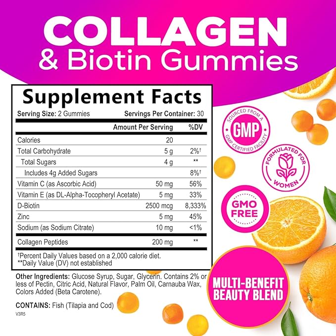 Collagen Gummies - 2500mcg Biotin Per Serving - Complete Collagen Supplement with Hydrolyzed Peptides Type I & III, Biotin, Zinc, & Vitamin C - Hair, Skin, & Nail Support Women & Men - 60 Gummies