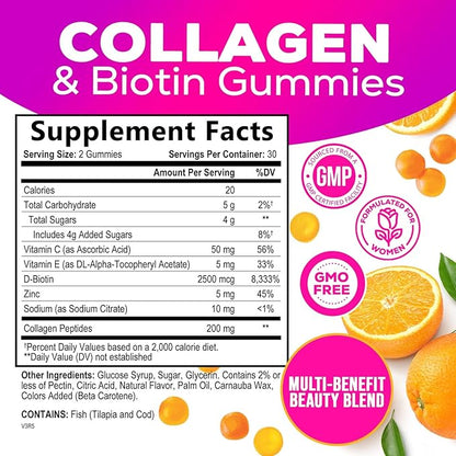 Collagen Gummies - 2500mcg Biotin Per Serving - Complete Collagen Supplement with Hydrolyzed Peptides Type I & III, Biotin, Zinc, & Vitamin C - Hair, Skin, & Nail Support Women & Men - 60 Gummies