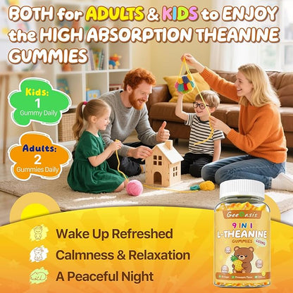 L-theanine 400mg Gummies, l theanine Supplement for Kids & Adults, 9 in 1 High Absorption Theanine Complex for Stress & Focus Support, Pineapple Flavor, 60 Count