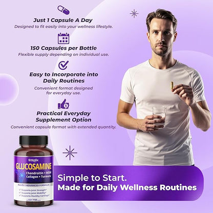 Sotalix Glucosamine 650mg – All-in-1 Joint Support with Chondroitin, MSM, Collagen, Turmeric, Vitamin D3 & Hyaluronic Acid – 150 Capsules – Shellfish-Free