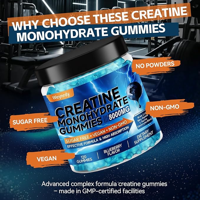 Creatine Monohydrate Gummies Complex 8000mg for Men & Women, Sugar Free Creatine Gummy with L-Taurine, BCAA 2:1, B12＆6, for Muscle Growth, Energy Boost & Recovery, Vegan, Gluten-Free, 120 Count