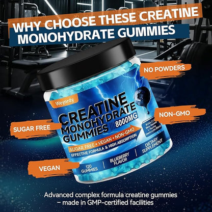 Creatine Monohydrate Gummies Complex 8000mg for Men & Women, Sugar Free Creatine Gummy with L-Taurine, BCAA 2:1, B12＆6, for Muscle Growth, Energy Boost & Recovery, Vegan, Gluten-Free, 120 Count