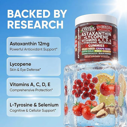 Clean Nutraceuticals AstaZen Astaxanthin Gummies 12mg - with Lycopene, Vitamins A C D E, L-Tyrosine & Selenium - Antioxidant Support Gummies - 60 Count