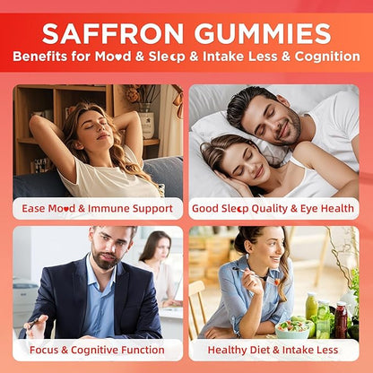 Saffron Gummies for Adult Kids, 10-IN-1 Saffron Supplements with Saffron Extract 88.5 mg, Vitamin D3, B6, B12, L-Theanine, St. John's Wort, Ashwagandha for Mood, Focus, Calm, Melatonin-Free, 60 Count