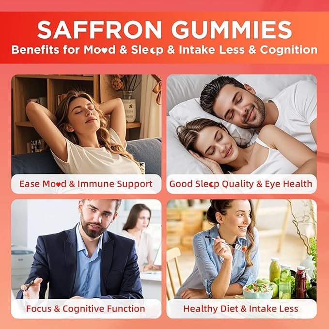 Saffron Gummies for Adult Kids, 10-IN-1 Saffron Supplements with Saffron Extract 88.5 mg, Vitamin D3, B6, B12, L-Theanine, St. John's Wort, Ashwagandha for Mood, Focus, Calm, Melatonin-Free, 120 Count