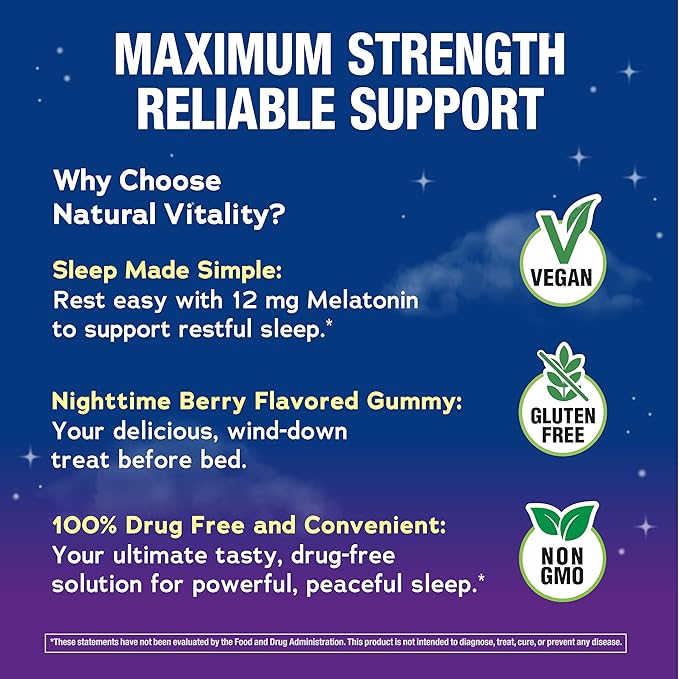 Natural Vitality Calm Sleep Melatonin 12mg Gummies | Max Strength Berry Flavored Formula | 100% Drug Free | Non-GMO, Vegan and Gluten Free Supplement |100 Count