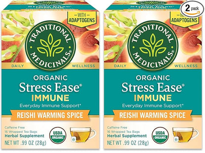 Traditional Medicinals Organic, Stress Ease Immune with Adaptogens, Reishi Warming Spice - Immune Support with Astragalus - Kosher, Non-GMO, Caffeine-Free, Compostable - 16 Count (Pack of 2)