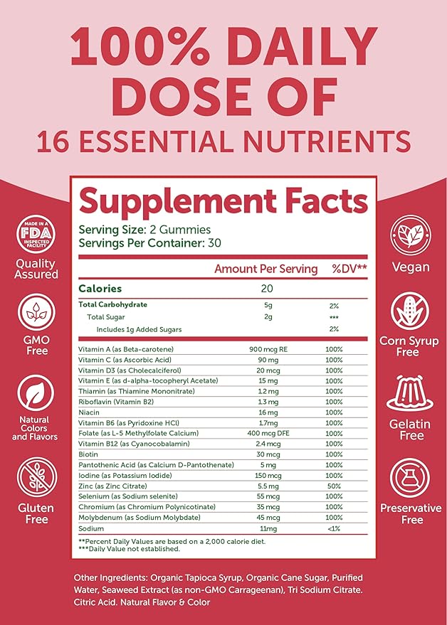 Lunakai USA Made Womens Multivitamin Gummies - Delicious Daily Dose with 16 Multi Vitamins for Women - Energy & Immune Support, Non-GMO, 60 Ct