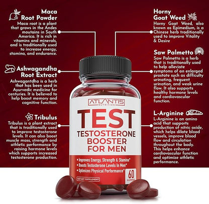 Atlantis Nutrition Testosterone Booster Gummies for Men - Enhances Strength & Stamina - Optimizes Performance & Male Enhancement - Tribulus, Goat Weed Extract, Maca Root Extract | 60 Gummies