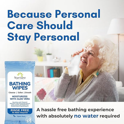 Nurture Rinse Free Bathing Wipes for Adults w/Aloe | Waterless Cleansing for sensitive skin | Disposable Adult Body Bath Wet Wipe for Disabled Bedridden | 64 wipes