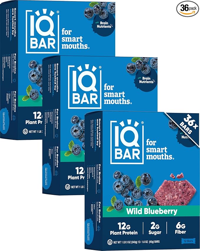 IQBAR Clean Plant Protein Bars - Wild Blueberry - 36 Count - Keto, Vegan, High Fiber, Gluten and Dairy Free, Low Sugar Snack - Brain and Body Nutrients for Focus, Energy, Meal Replacement