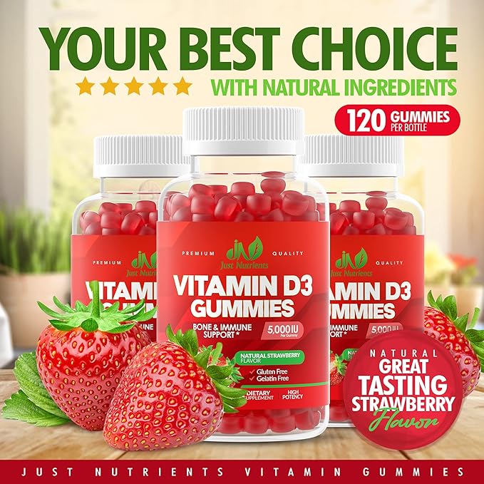 Vitamin D3 5000IU / 10,000IU Gummies for Adults & Kids (120 Count) - Maximum Strength Support for Immune System, Bones & Teeth - Gluten-Free, Non-GMO, Great Tasting Strawberry Flavor - 4 Month Supply