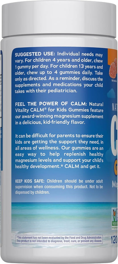Natural Vitality Calm, Magnesium Citrate Kids Supplement, Stress Relief Gummies, Supports a Healthy Response to Stress, Gluten Free, Vegan, Sweet Citrus, 120 Gummies