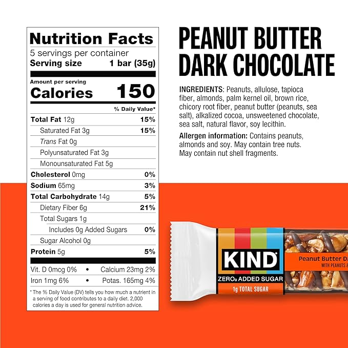 Kind Zero Added Sugar Healthy Snacks Bars, Peanut Butter Dark Chocolate, Gluten Free, High Fiber, Keto Snacks, 5g Protein, 5 Count