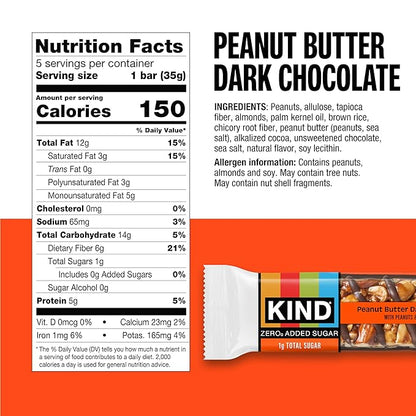 Kind Zero Added Sugar Healthy Snacks Bars, Peanut Butter Dark Chocolate, Gluten Free, High Fiber, Keto Snacks, 5g Protein, 5 Count