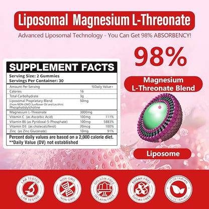 2 Pack Liposomal Magnesium Threonate High-Potency 3000mg Gummies,Liposomal Enhance 98% Absorption,Magnesium L-Threonate Supplements, Muscle & Nervous System for Kids & Adults