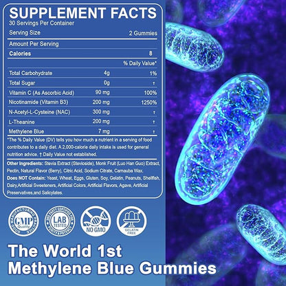 LILICARE Methylene Blue Gummies 7mg Per Serving for Humans | Upgraded Antioxidant & Brain Booster Supplement for Cognitive Function, Energy, Cellular & Mitochondrial Health | Pure, Vegan, 60 Counts