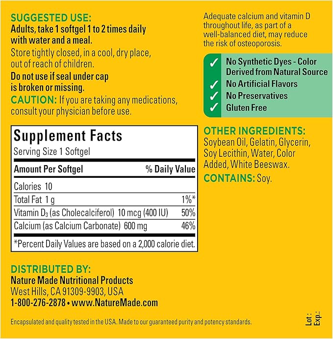 Nature Made Calcium 600 mg with Vitamin D3, Dietary Calcium Supplement for Bone Support, 100 Softgels
