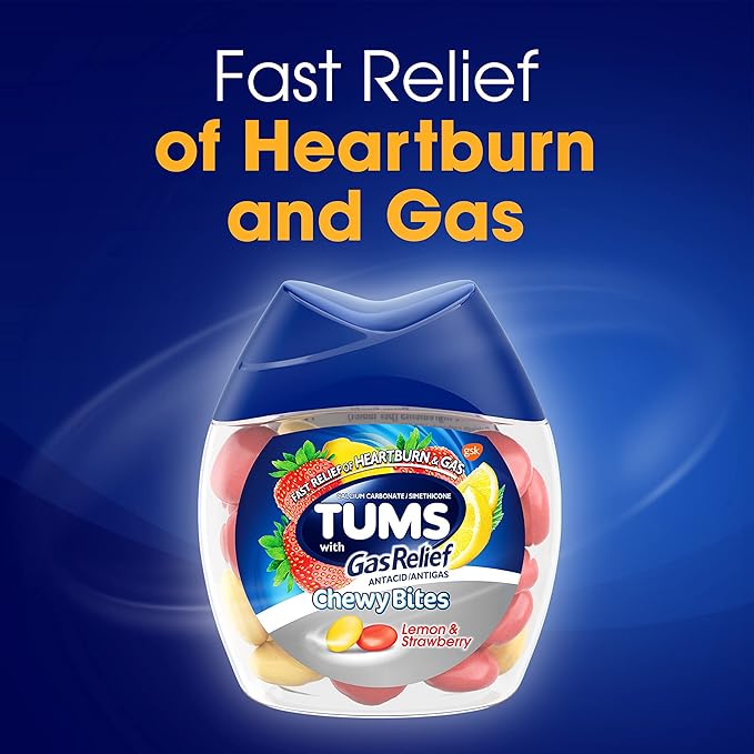 TUMS Chewy Bites Chewable Antacid Tablets with Gas Relief, Lemon & Strawberry - 28 Count