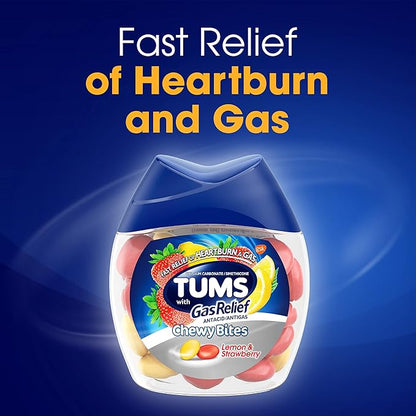 TUMS Chewy Bites Chewable Antacid Tablets with Gas Relief, Lemon & Strawberry - 28 Count