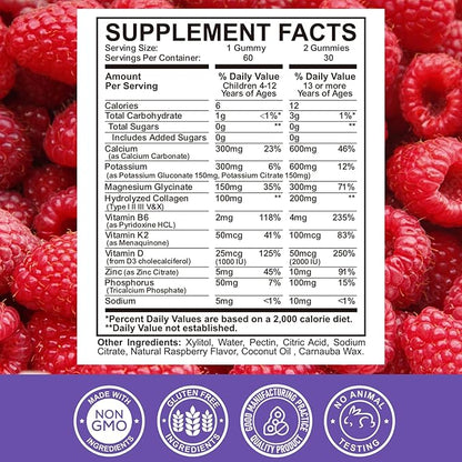 Calcium Potassium Magnesium Gummies for Kids & Adults, with Hydrolyzed Collagen, Zinc, Phosphorus, Multivitamin for Sleep, Bone Strength, Density Support, Sugar Free,Raspberry 2 Pack