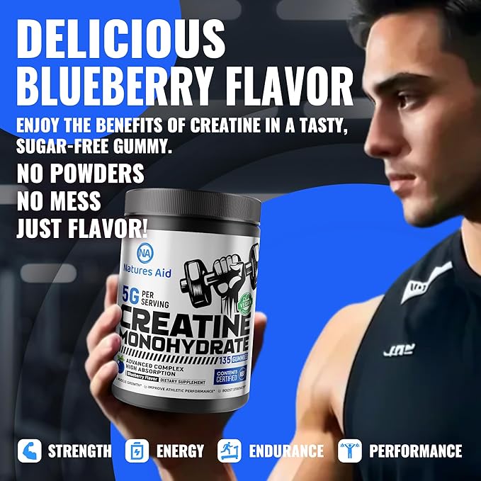 Natures Aid Creatine Monohydrate Gummies (5g) – Pre-Workout Energy & Muscle Growth Support for Men & Women | Blueberry Electrolyte Gummies (135 Count)