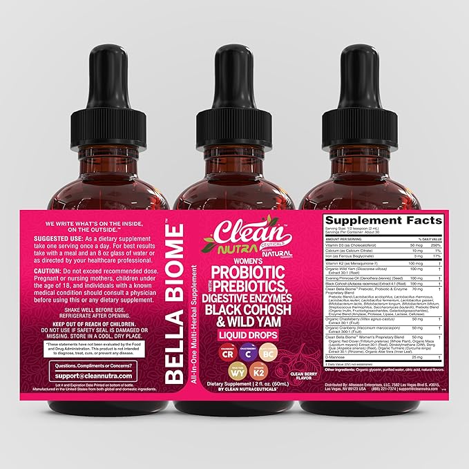 Liquid Probiotics for Women Drops with Chasteberry, Black Cohosh, Prebiotics, Digestive Enzymes, Evening Primrose Oil, Wild Yam, Cranberry Dmannose and Iron Vitamin D3 K2 Clean Nutra Bella Biotics (2)
